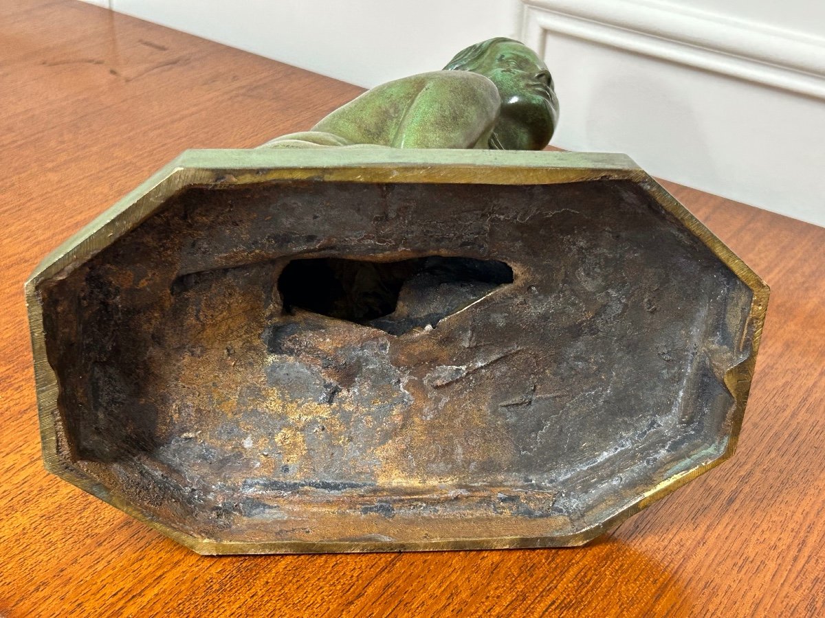 Lucien Charles édouard Alliot (1877-1967) La Frileuse Bronze à Patine Verte époque Art Déco  -photo-4