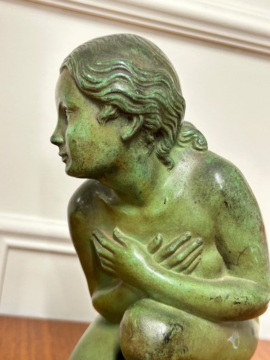Lucien Charles édouard Alliot (1877-1967) La Frileuse Bronze à Patine Verte époque Art Déco  -photo-5