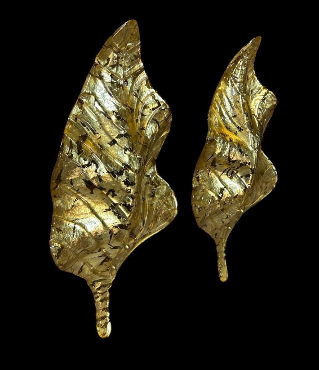 Grandes Paire D’appliques Feuilles En Verre Doré De Murano - Italie Vers 1980 H 67 cm-photo-2