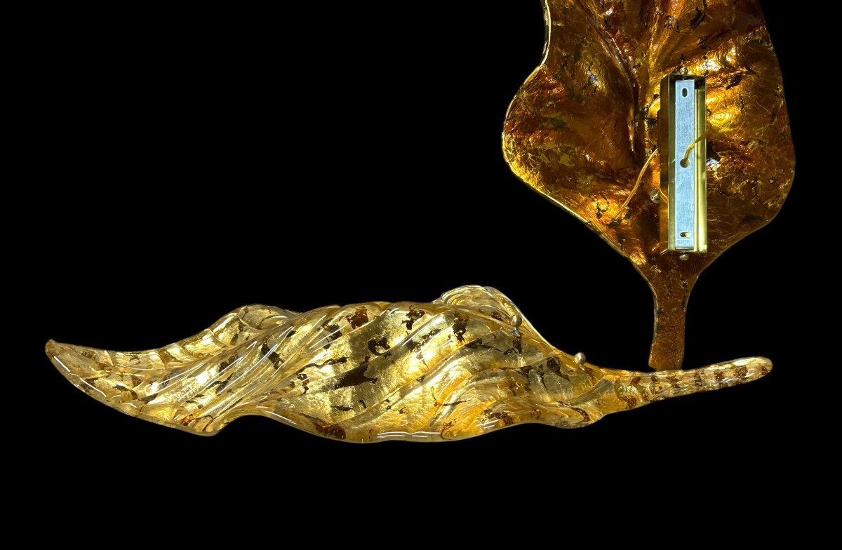 Grandes Paire D’appliques Feuilles En Verre Doré De Murano - Italie Vers 1980 H 67 cm-photo-3