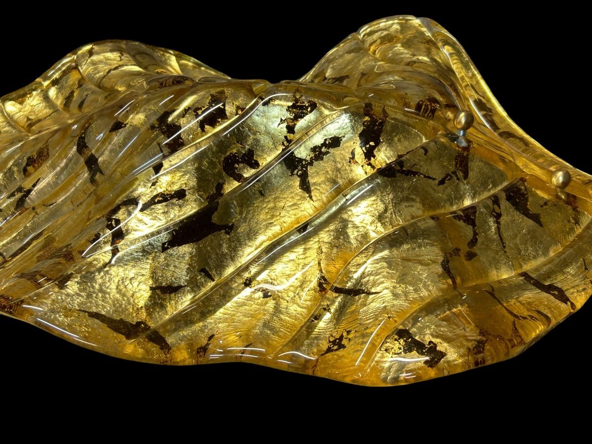 Grandes Paire D’appliques Feuilles En Verre Doré De Murano - Italie Vers 1980 H 67 cm-photo-5