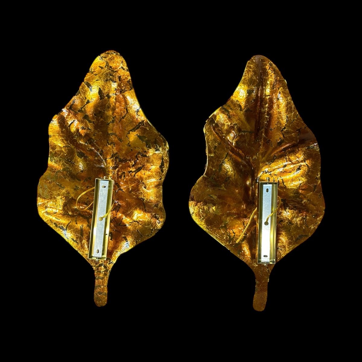 Grandes Paire D’appliques Feuilles En Verre Doré De Murano - Italie Vers 1980 H 67 cm-photo-6