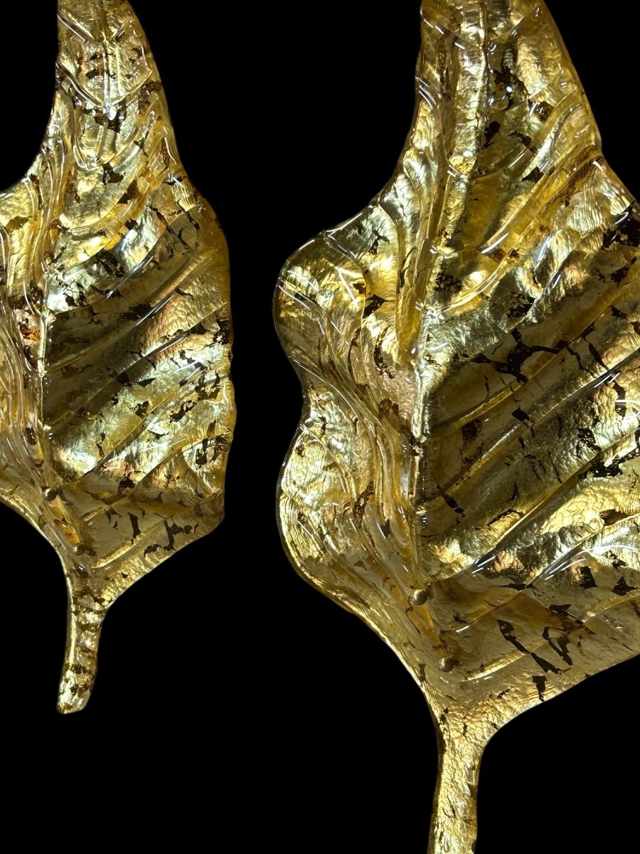 Grandes Paire D’appliques Feuilles En Verre Doré De Murano - Italie Vers 1980 H 67 cm-photo-7