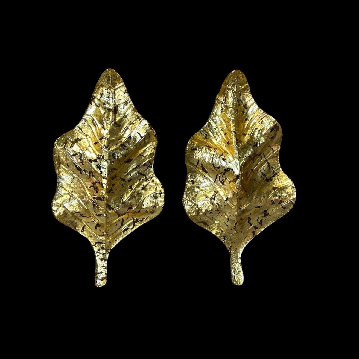 Grandes Paire D’appliques Feuilles En Verre Doré De Murano - Italie Vers 1980 H 67 cm-photo-8