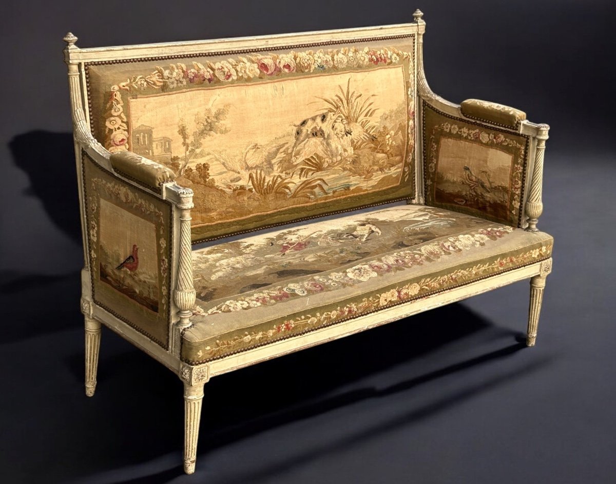 Two-seater Sofa - Bench In Lacquered Wood And Louis XVI - Directoire Period Tapestry -photo-7