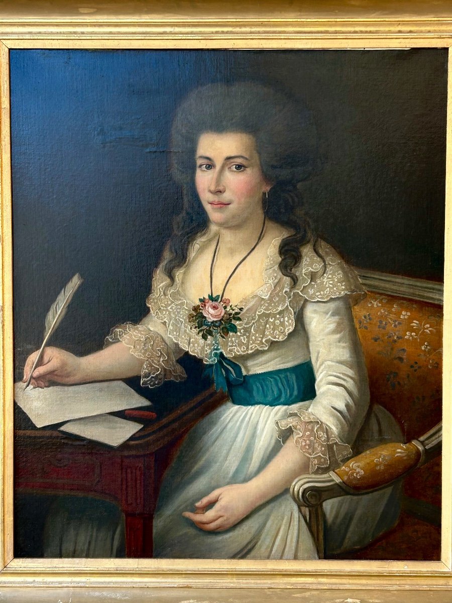 Large Portrait Of A Woman Writing Oil On Canvas Late 18th Century -photo-2