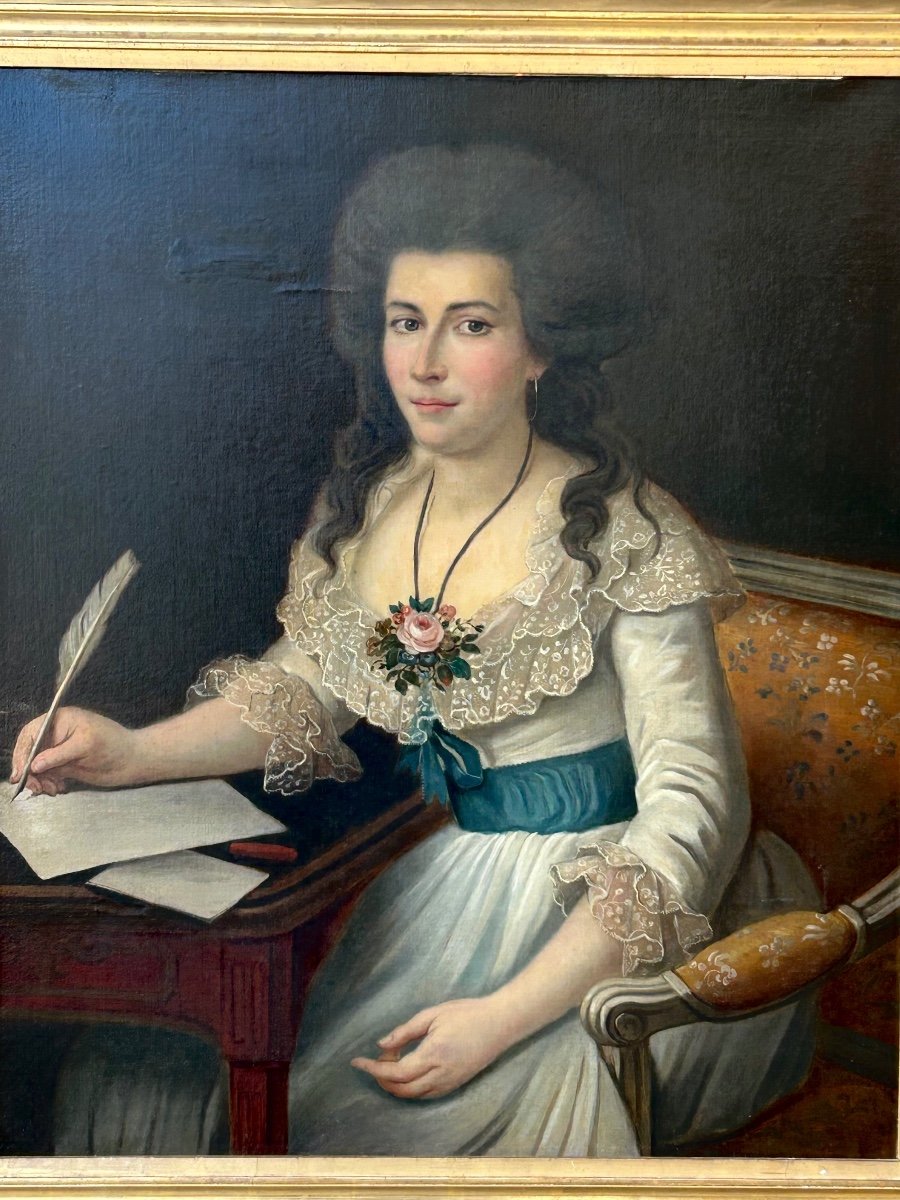 Large Portrait Of A Woman Writing Oil On Canvas Late 18th Century -photo-2