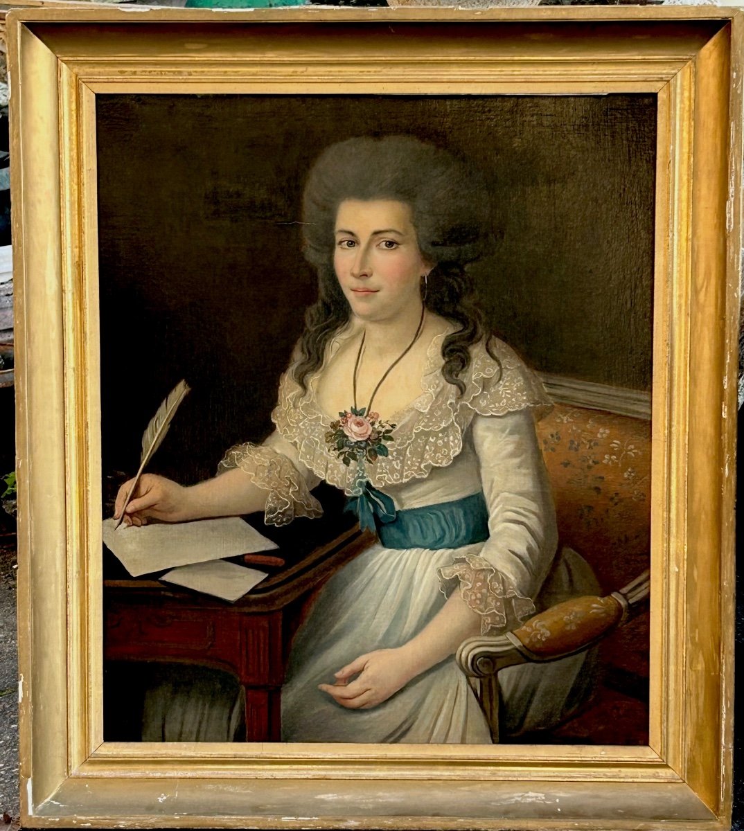 Large Portrait Of A Woman Writing Oil On Canvas Late 18th Century -photo-3