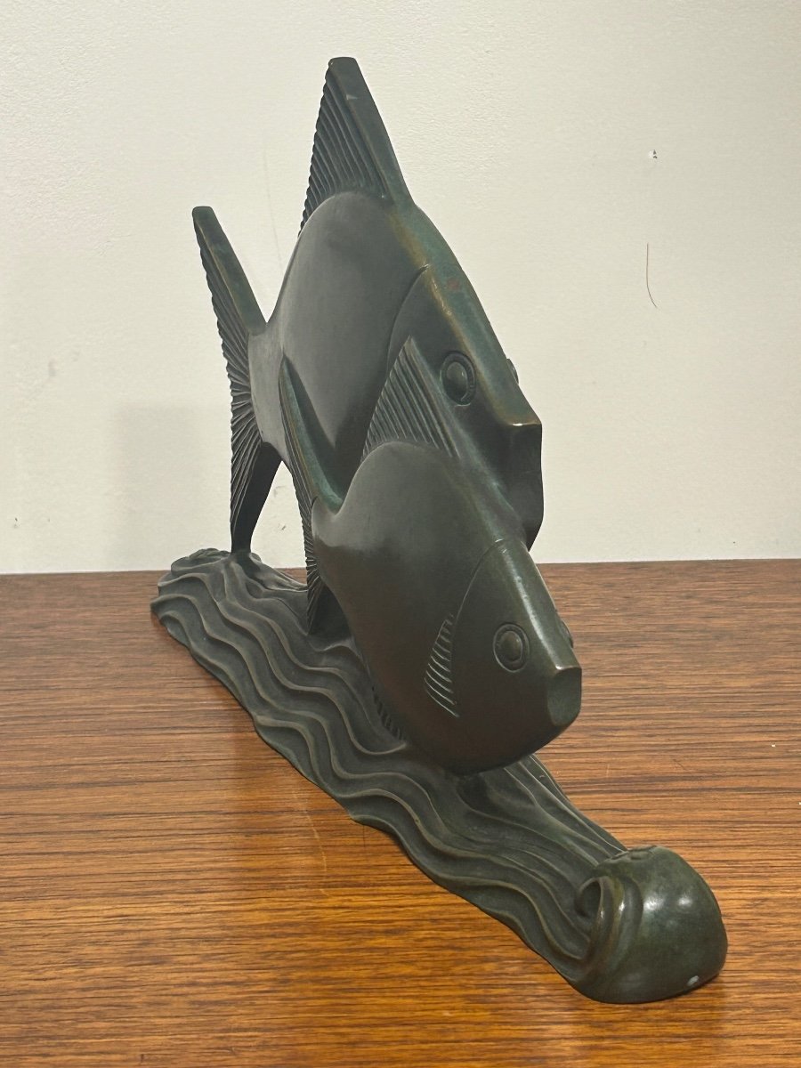  Rare Bronze Art Déco Poissons Patine Verte Vers 1930 -photo-1