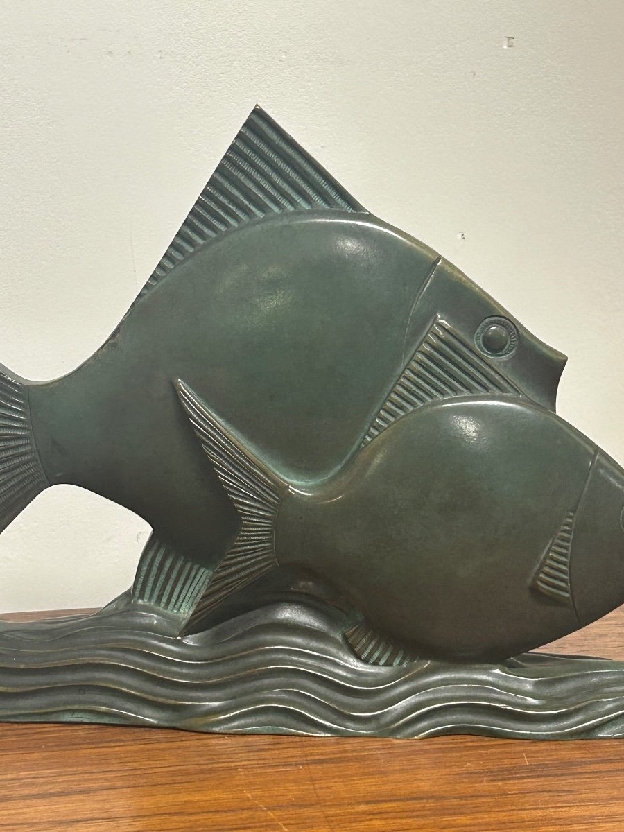  Rare Bronze Art Déco Poissons Patine Verte Vers 1930 -photo-6