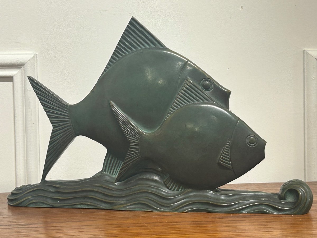  Rare Bronze Art Déco Poissons Patine Verte Vers 1930 
