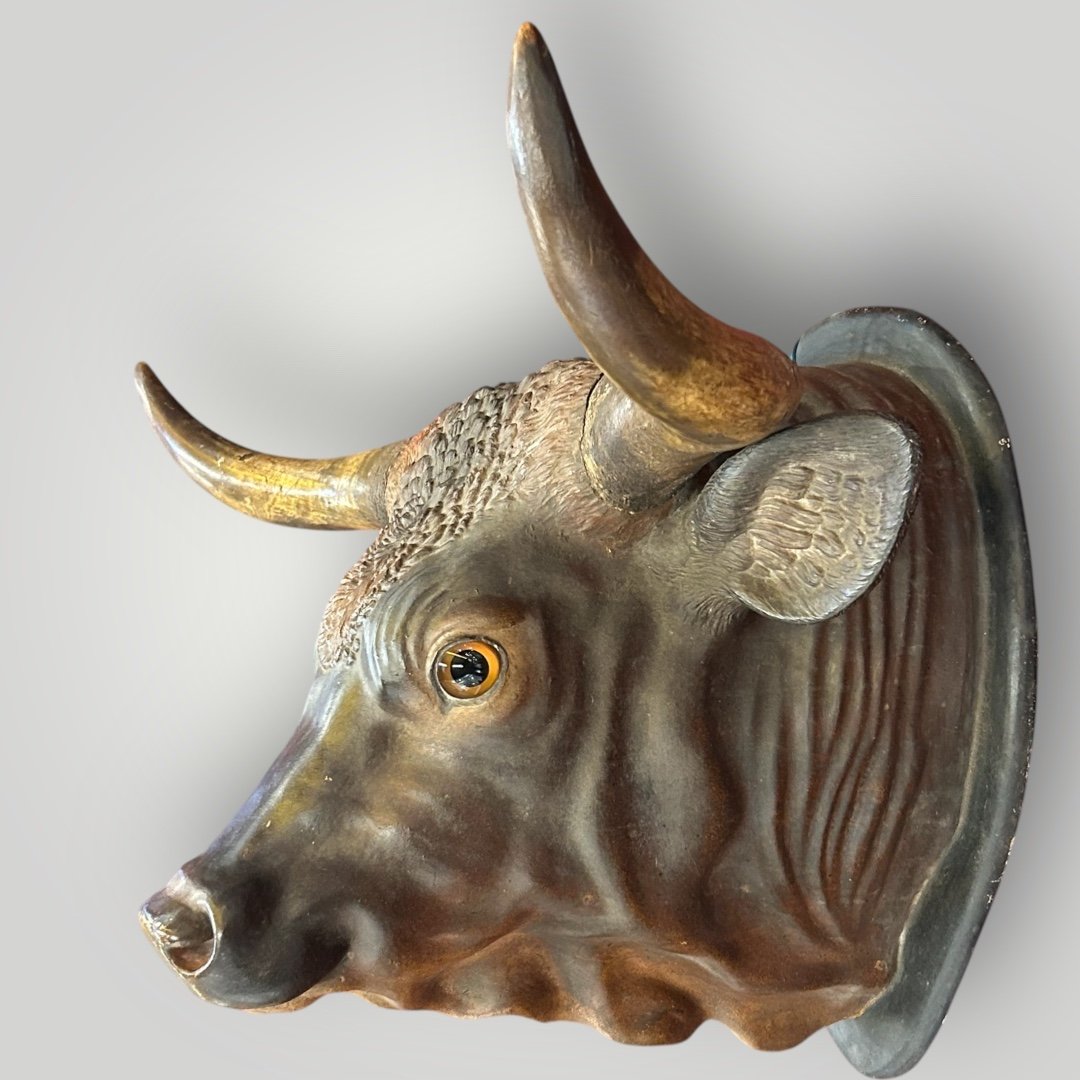Important Trophée De Taureau Grandeur Nature Terre Cuite Polychrome - Enseigne Fin XIXéme -photo-2