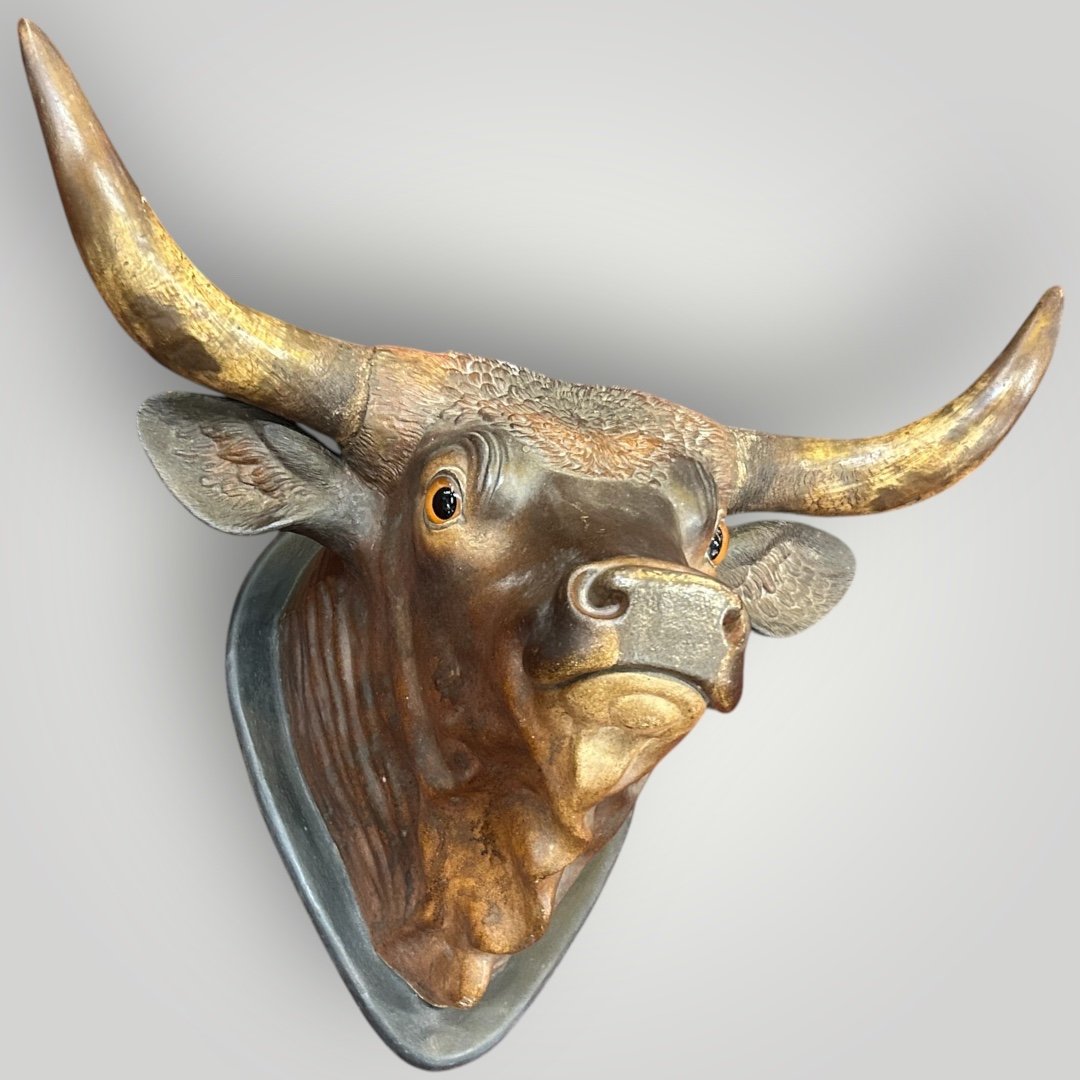 Important Trophée De Taureau Grandeur Nature Terre Cuite Polychrome - Enseigne Fin XIXéme -photo-5