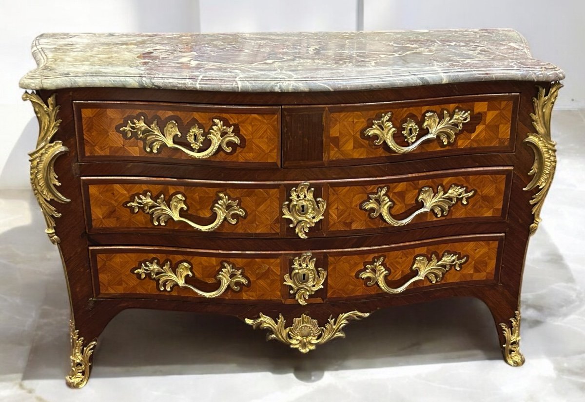 Important Tomb Commode In Marquetry Stamped By Hansen Hubert, Louis XV Period, 18th Century