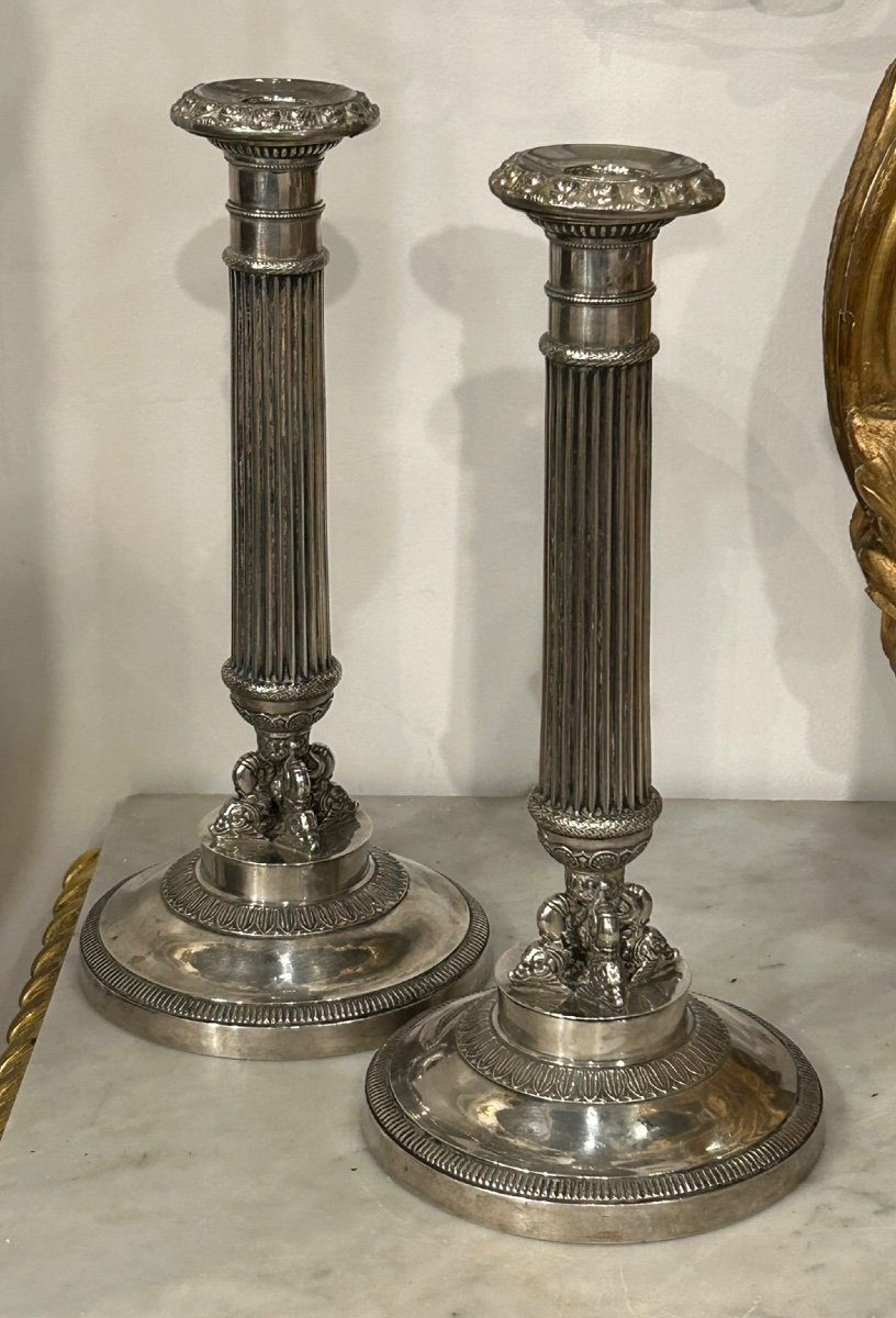 Pair Of Solid Silver Candlesticks, France, Restoration Period, Vieillard Hallmark (1819-1838)