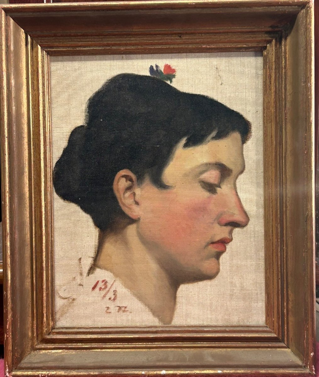 Portrait Of A Woman In Profile Oil On Canvas Mounted On Wood Panel Dated 1913 -photo-4