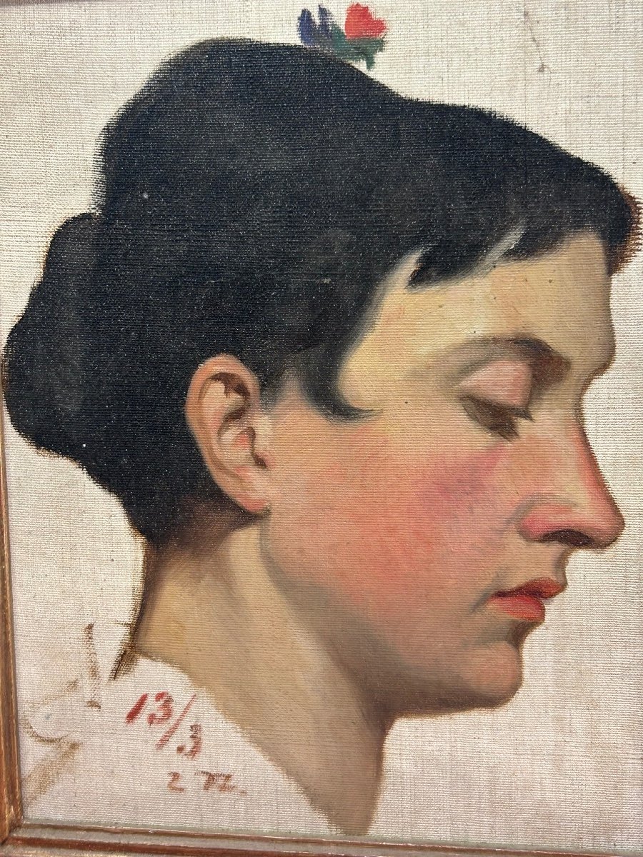 Portrait Of A Woman In Profile Oil On Canvas Mounted On Wood Panel Dated 1913 -photo-5