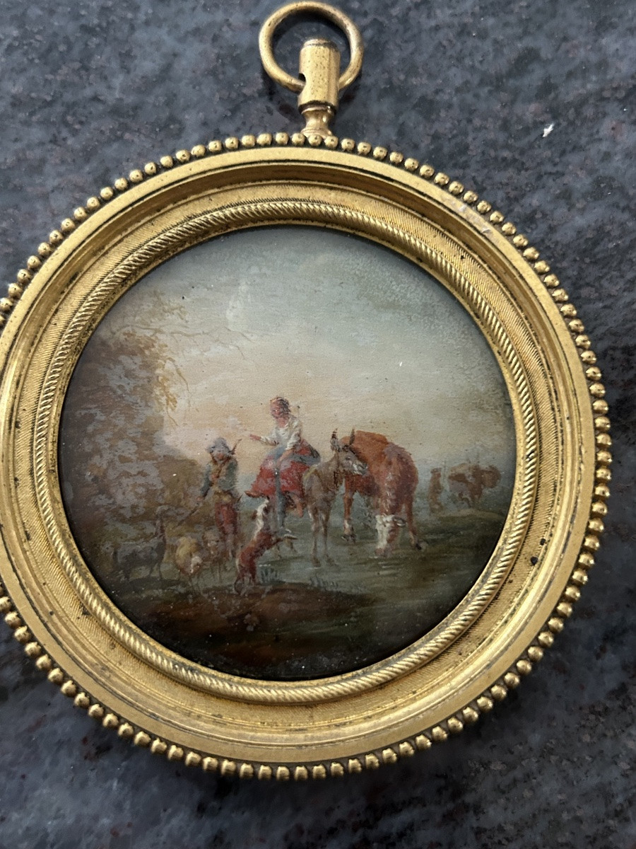 Pair Of Miniatures Fixed Under Glass, Late 18th Century, Country Scene - Miniature -photo-2