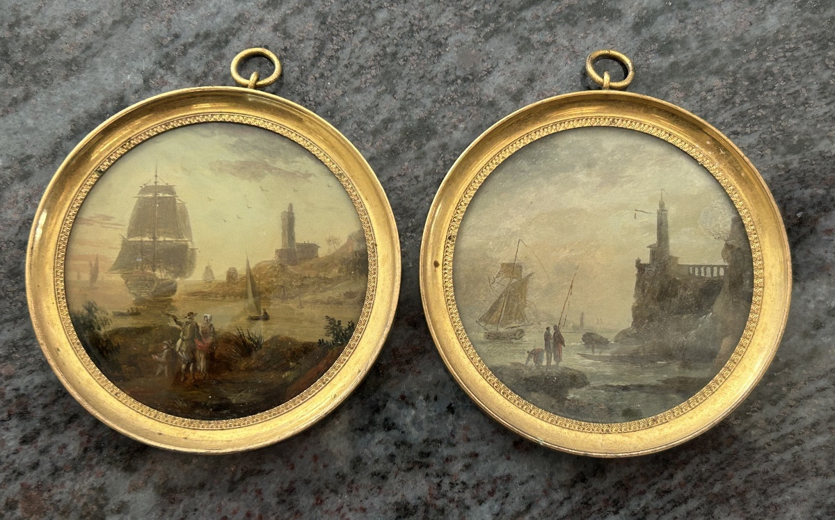 Pair Of Miniatures Fixed Under Glass, Late 18th Century, Marine Scene - Miniature 