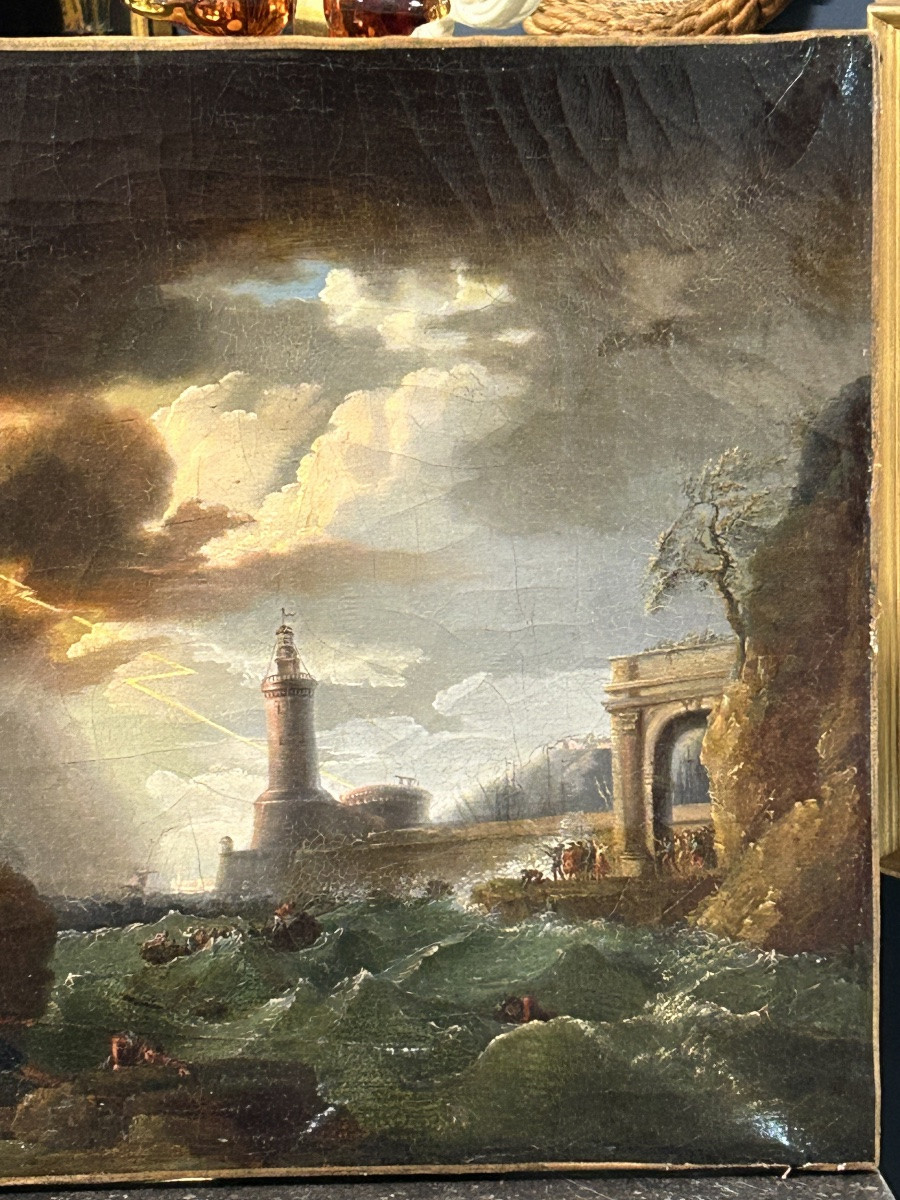 Storm And Shipwreck Scene Oil On Canvas 18th Century School Of Joseph Vernet-photo-4