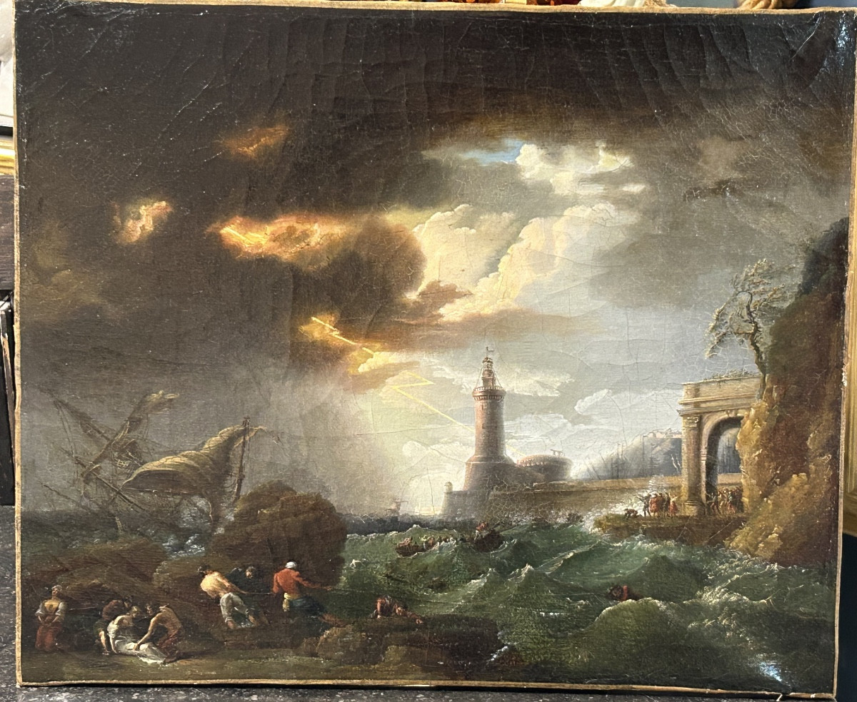 Storm And Shipwreck Scene Oil On Canvas 18th Century School Of Joseph Vernet