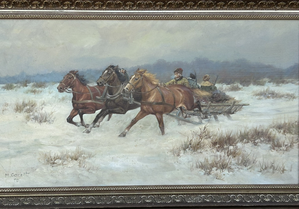 Hunting Scene In Troika - Russian School Signed M.gaczot Dated 79 Oil On Canvas - Painting -photo-2