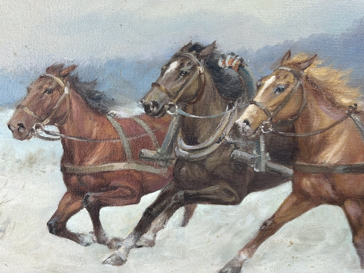 Hunting Scene In Troika - Russian School Signed M.gaczot Dated 79 Oil On Canvas - Painting -photo-4