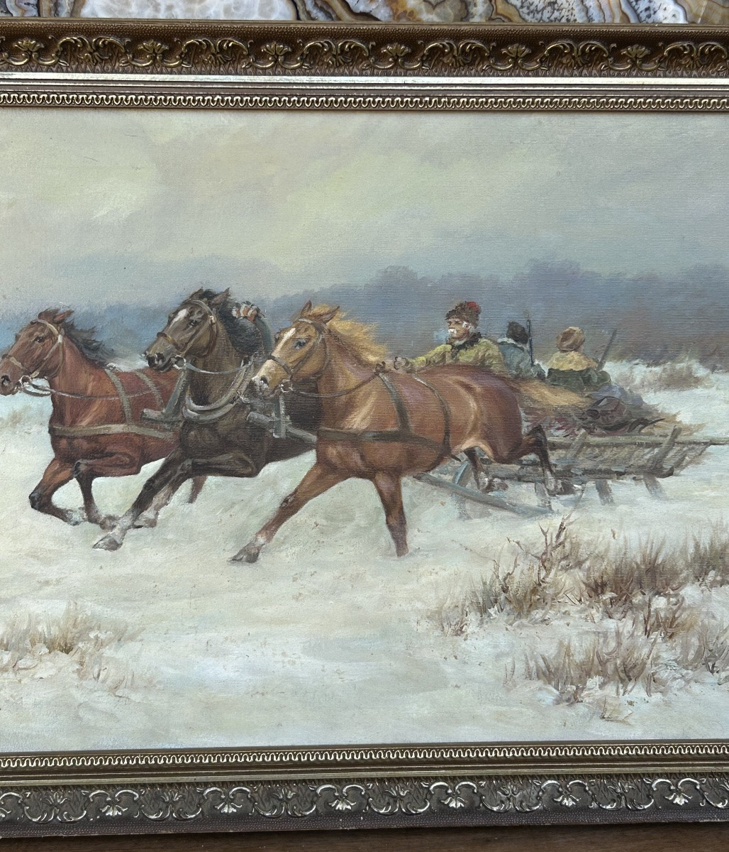 Hunting Scene In Troika - Russian School Signed M.gaczot Dated 79 Oil On Canvas - Painting -photo-6
