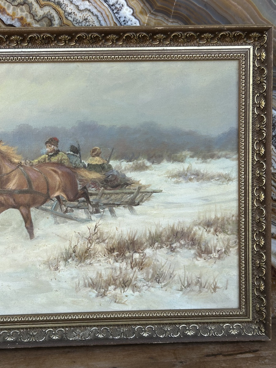 Hunting Scene In Troika - Russian School Signed M.gaczot Dated 79 Oil On Canvas - Painting -photo-7
