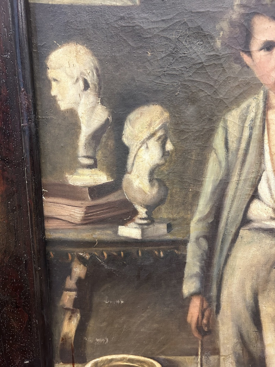 Oil On Canvas "apprentice Sculptor In The Workshop" - 19th Century Painting -photo-1