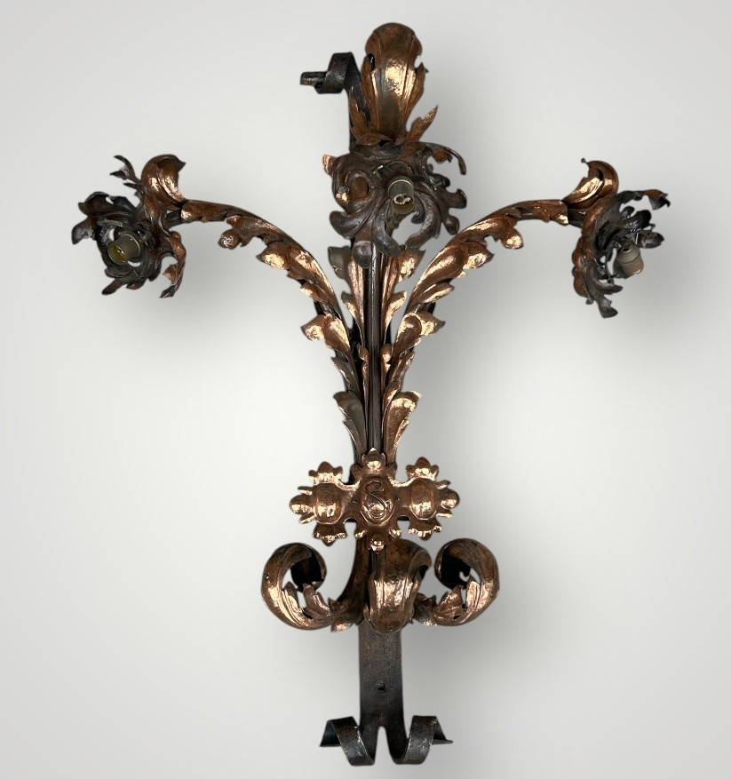 Importante Paire D’appliques En Fer Forgé Et Laiton Rouge D’époque Fin XIXéme H 88 Cm-photo-2