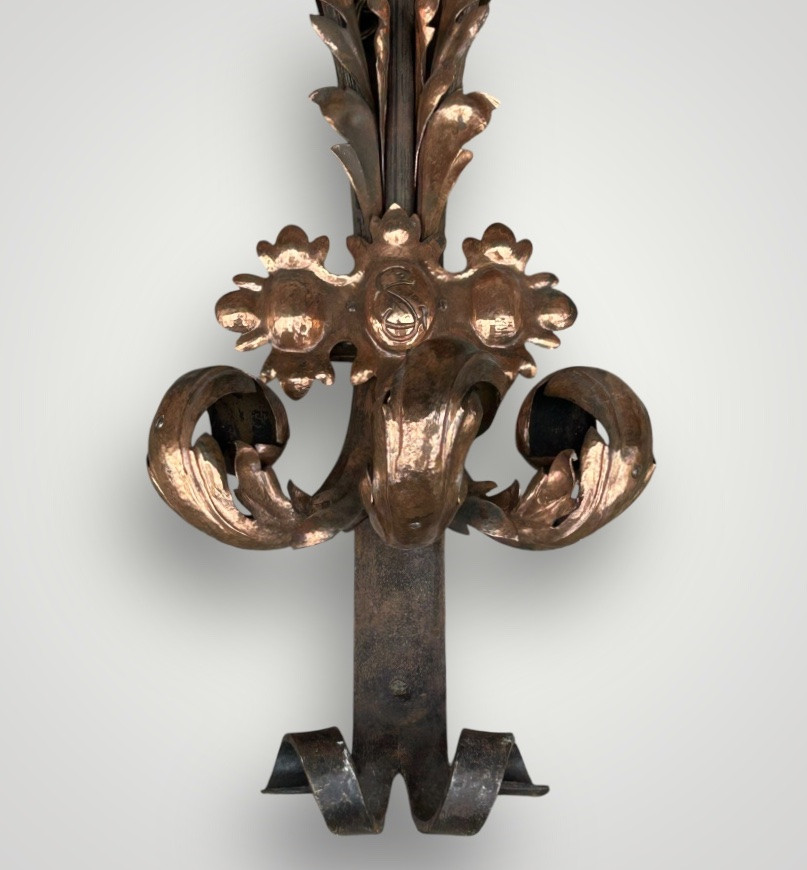 Importante Paire D’appliques En Fer Forgé Et Laiton Rouge D’époque Fin XIXéme H 88 Cm-photo-1