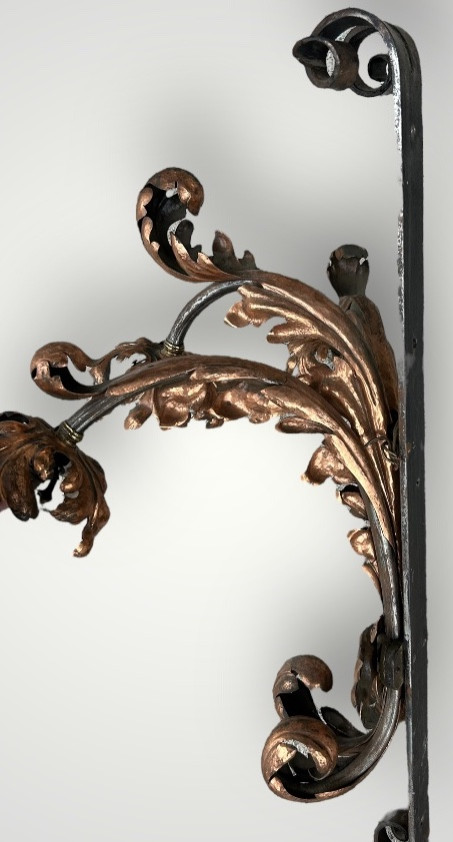 Importante Paire D’appliques En Fer Forgé Et Laiton Rouge D’époque Fin XIXéme H 88 Cm-photo-3