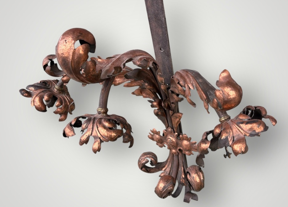 Importante Paire D’appliques En Fer Forgé Et Laiton Rouge D’époque Fin XIXéme H 88 Cm-photo-4