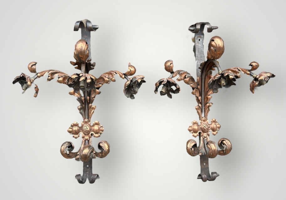 Importante Paire D’appliques En Fer Forgé Et Laiton Rouge D’époque Fin XIXéme H 88 Cm-photo-7