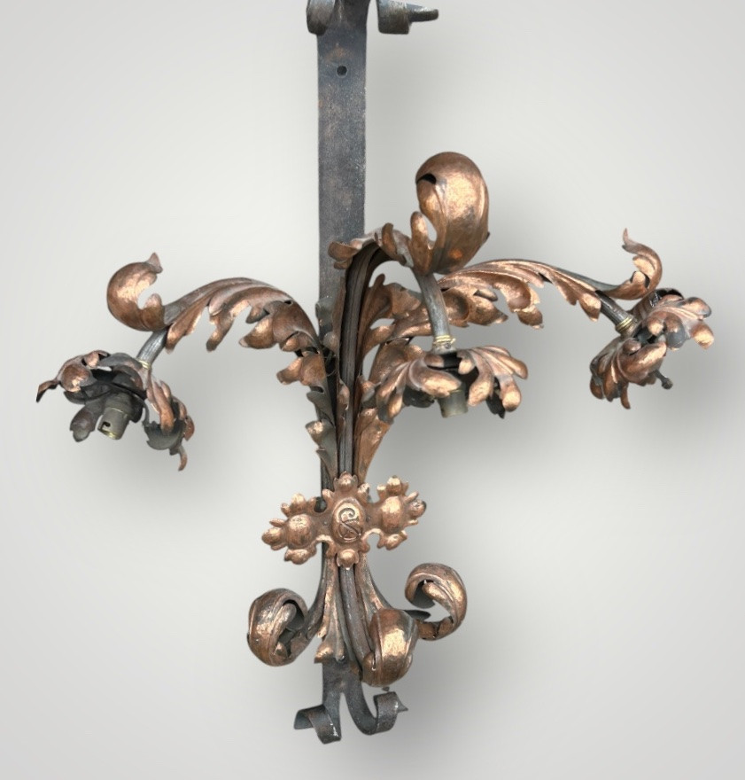 Importante Paire D’appliques En Fer Forgé Et Laiton Rouge D’époque Fin XIXéme H 88 Cm-photo-8