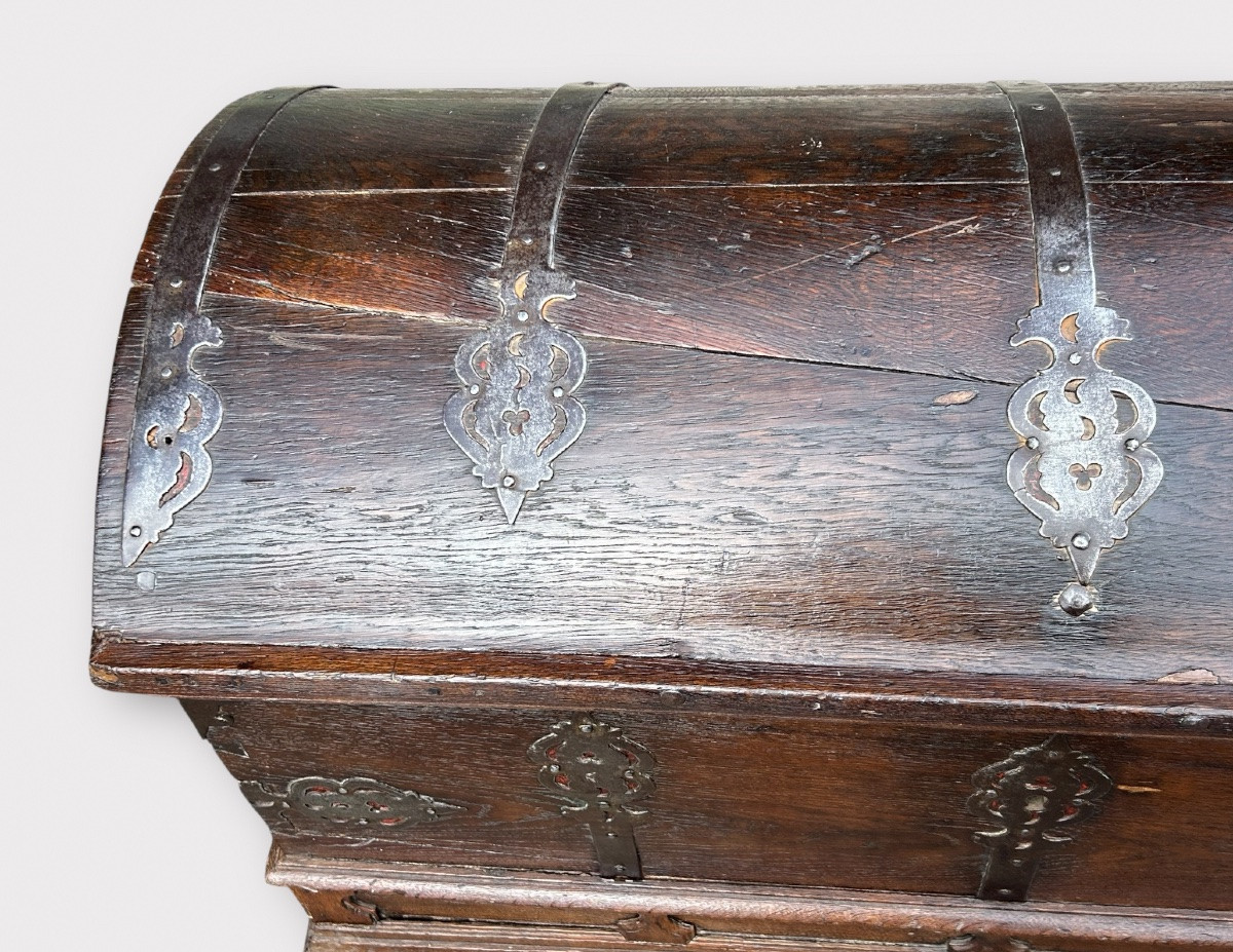 Important Oak Chest With Domed Top And Rich Wrought Iron Decoration, 17th Century -photo-2