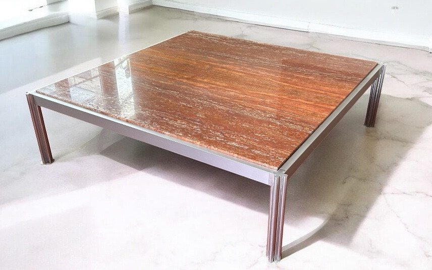 Georges Ciancimino - Très Importante et rare table  Basse Carré Travertin Rouge Circa 1970-photo-2