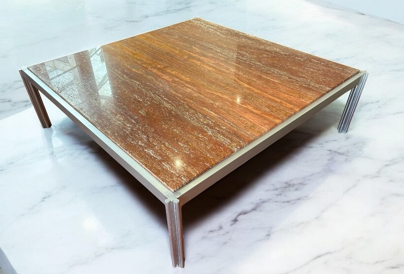 Georges Ciancimino - Très Importante et rare table  Basse Carré Travertin Rouge Circa 1970-photo-3