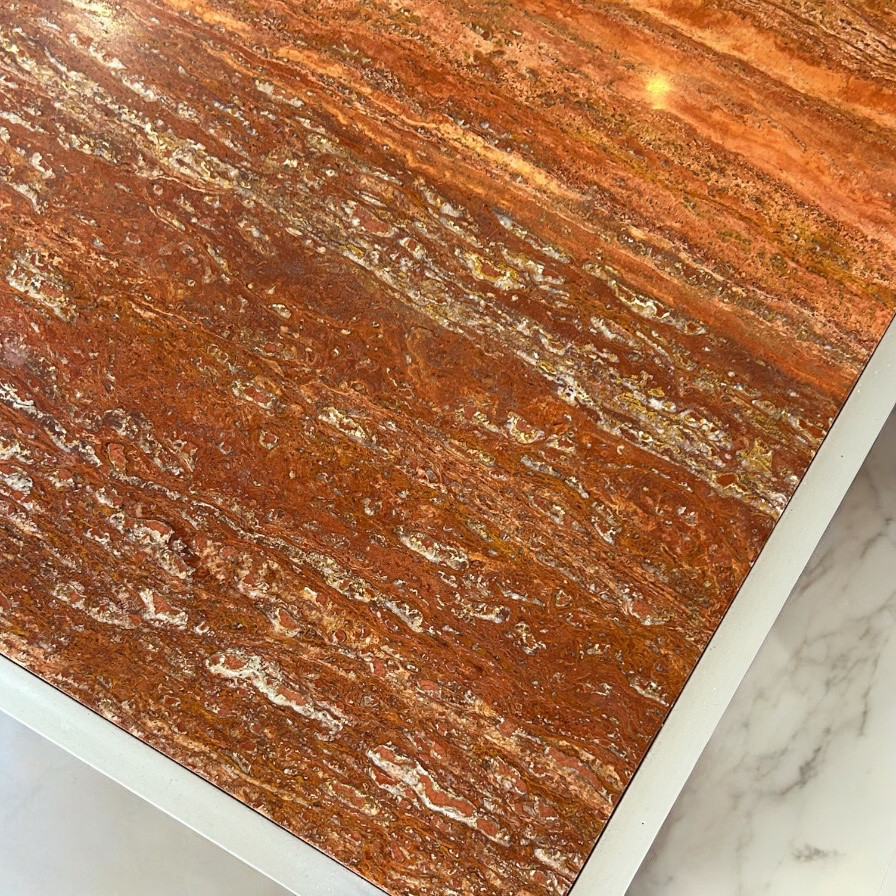 Georges Ciancimino - Très Importante et rare table  Basse Carré Travertin Rouge Circa 1970-photo-6