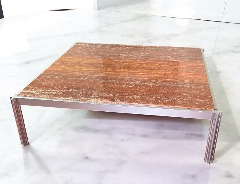 Georges Ciancimino - Très Importante et rare table  Basse Carré Travertin Rouge Circa 1970
