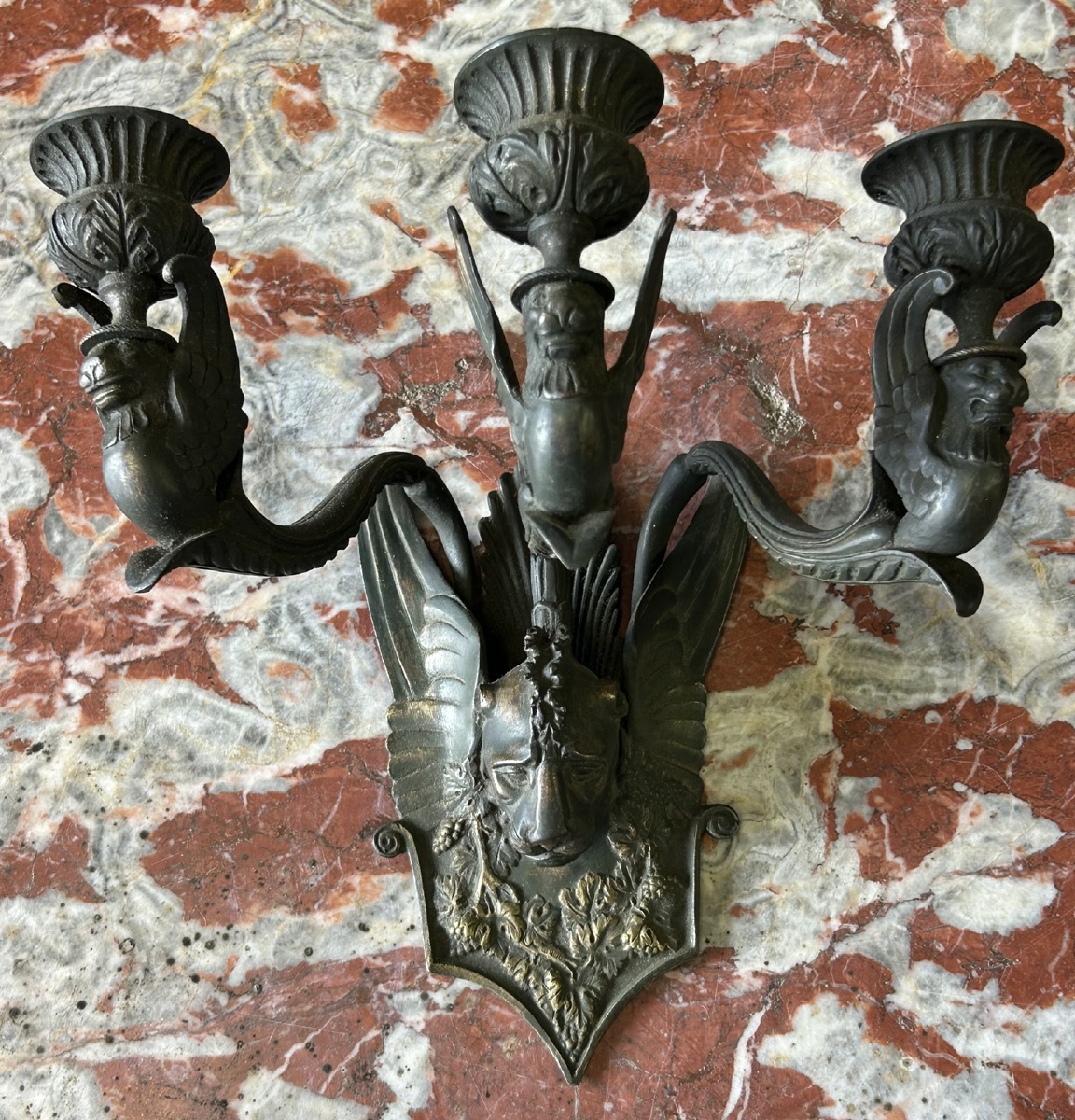 Paire D’appliques En Bronze Patiné D’époque Restauration - Empire -photo-2
