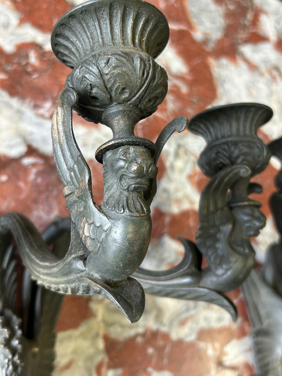 Paire D’appliques En Bronze Patiné D’époque Restauration - Empire -photo-1