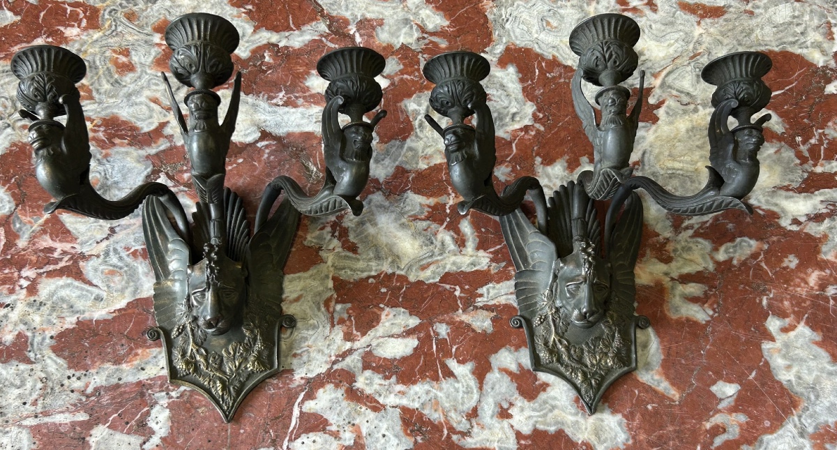 Paire D’appliques En Bronze Patiné D’époque Restauration - Empire 