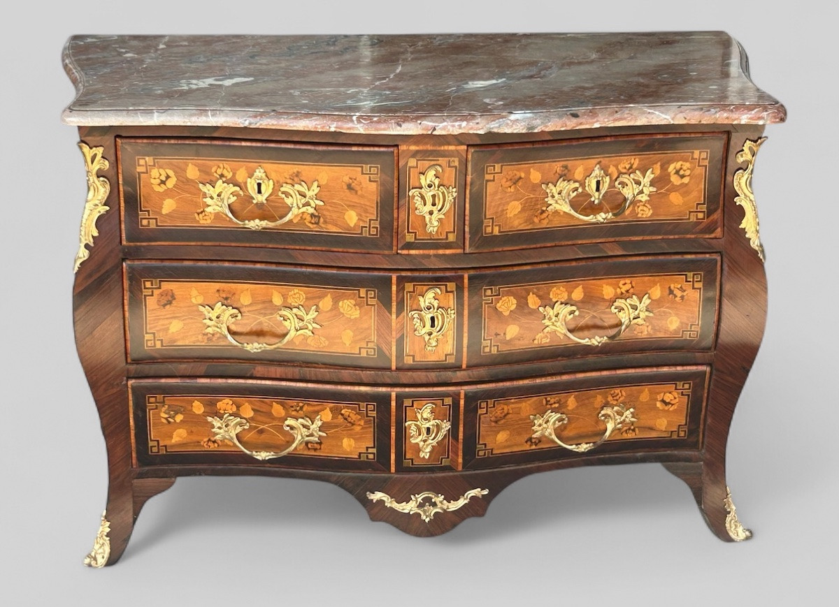 Commode tombeau Louis XV en marqueterie de fleurs d’époque XVIIIème siècle -photo-2