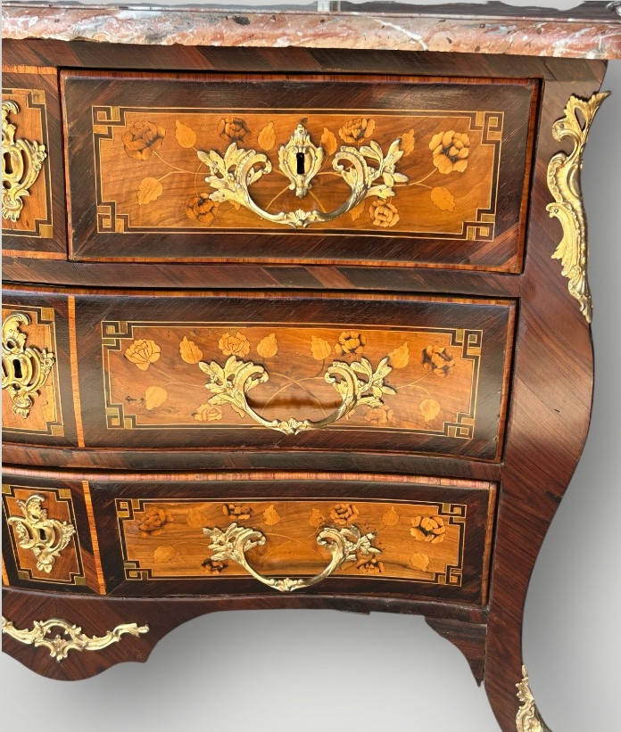 Commode tombeau Louis XV en marqueterie de fleurs d’époque XVIIIème siècle -photo-5