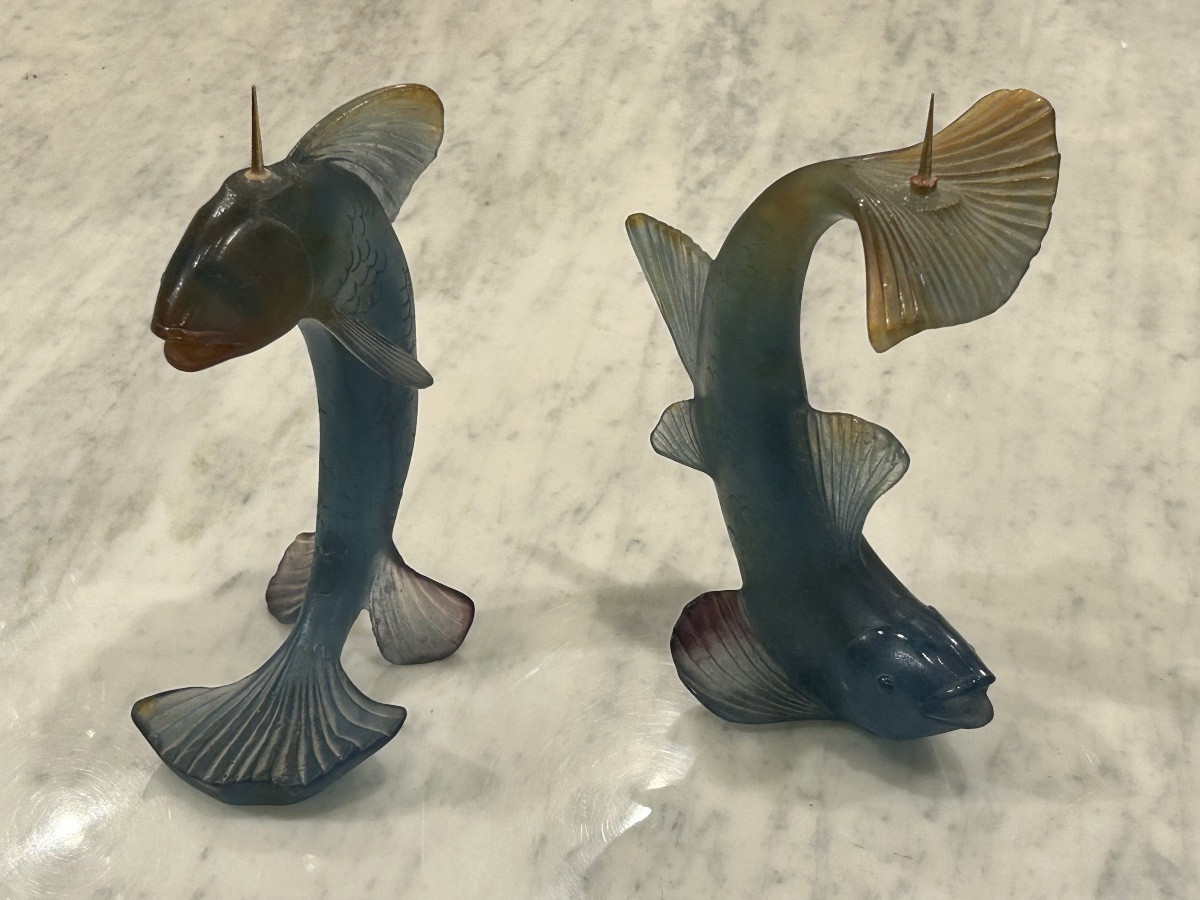  Daum - Pair Of Glass Fish Candlesticks Circa 1980 - Daum Crystal-photo-2