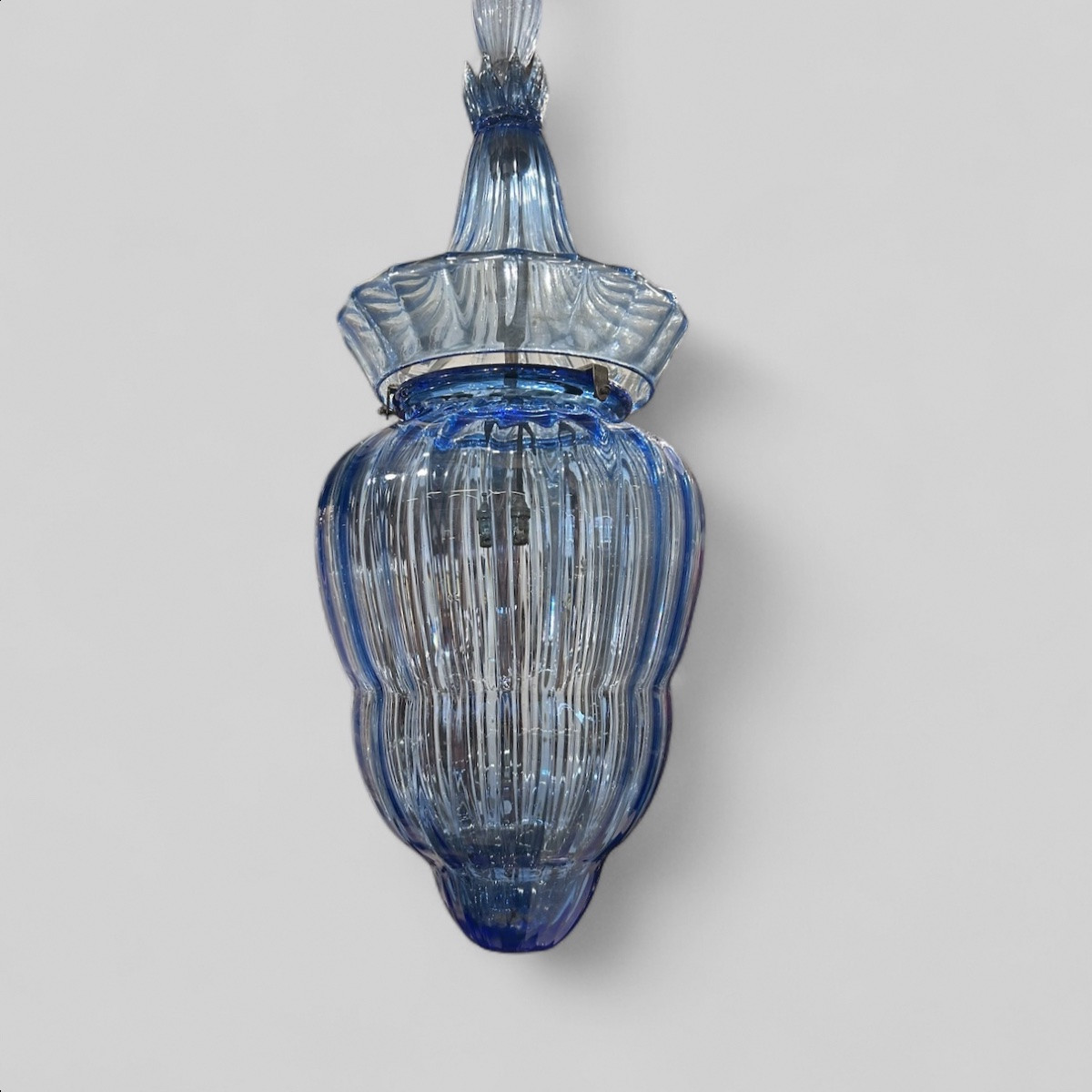 Large Murano Blue Glass Lantern Chandelier Circa 1940-50 - Height 150 Cm-photo-3