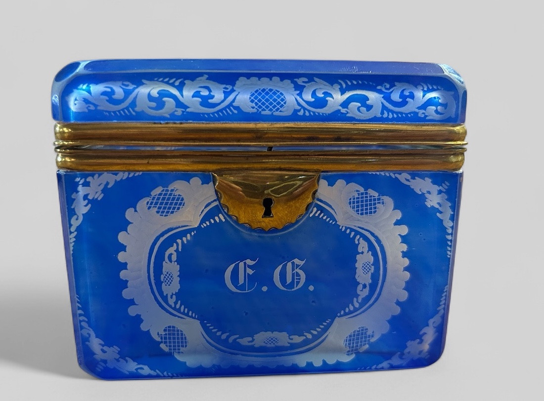 Rare Bohemian Blue Crystal Souvenir Box From Eberstein Castle, Late 19th Century -photo-5