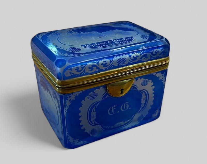 Rare Bohemian Blue Crystal Souvenir Box From Eberstein Castle, Late 19th Century 